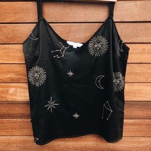 Black & Gold Celestial Cosmic Satiny Tank Top